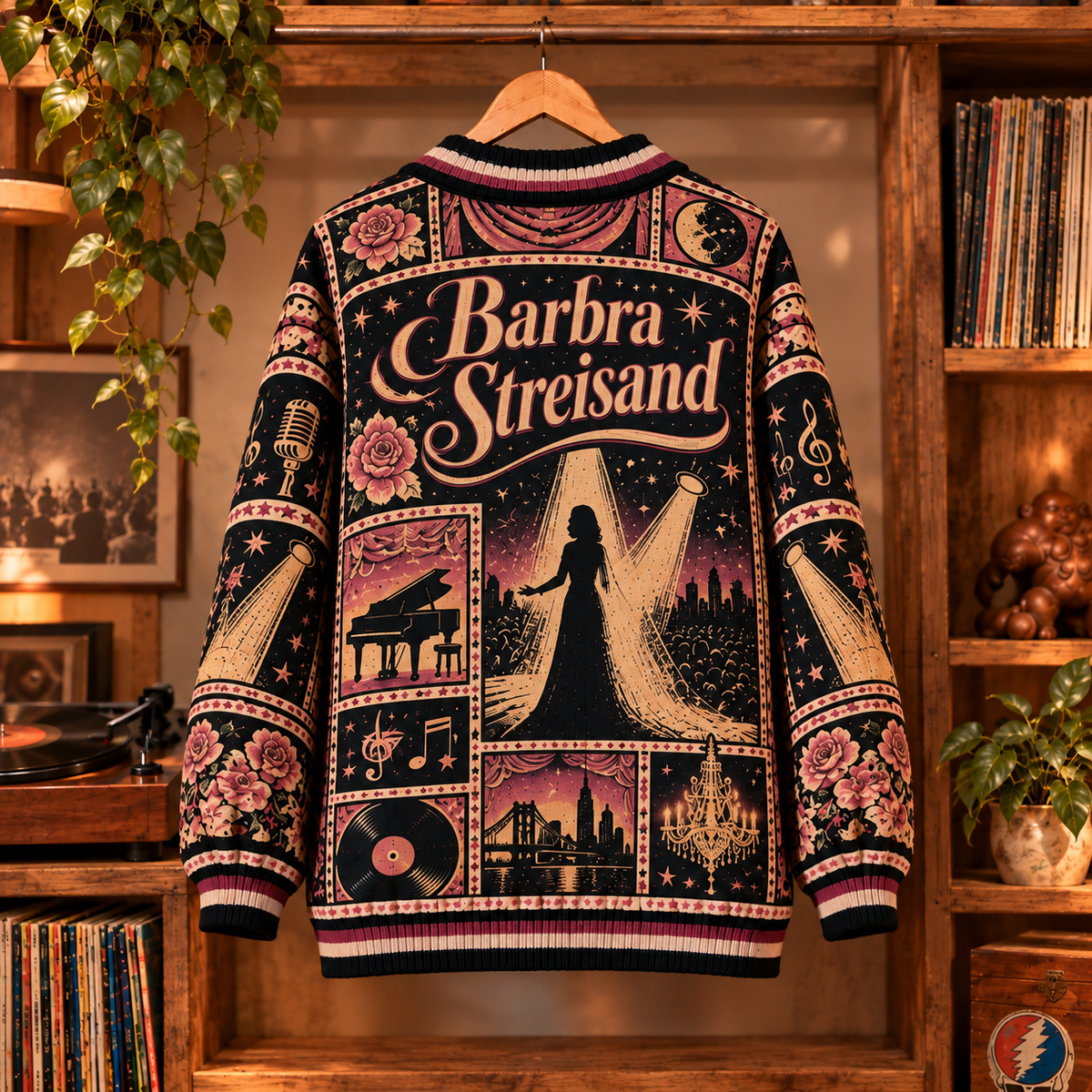 Barbra Streisand Knit Cardigan - Official Pop Music Merchandise, Vintage Style Long Sleeve Button Down Outerwear Fan Gift