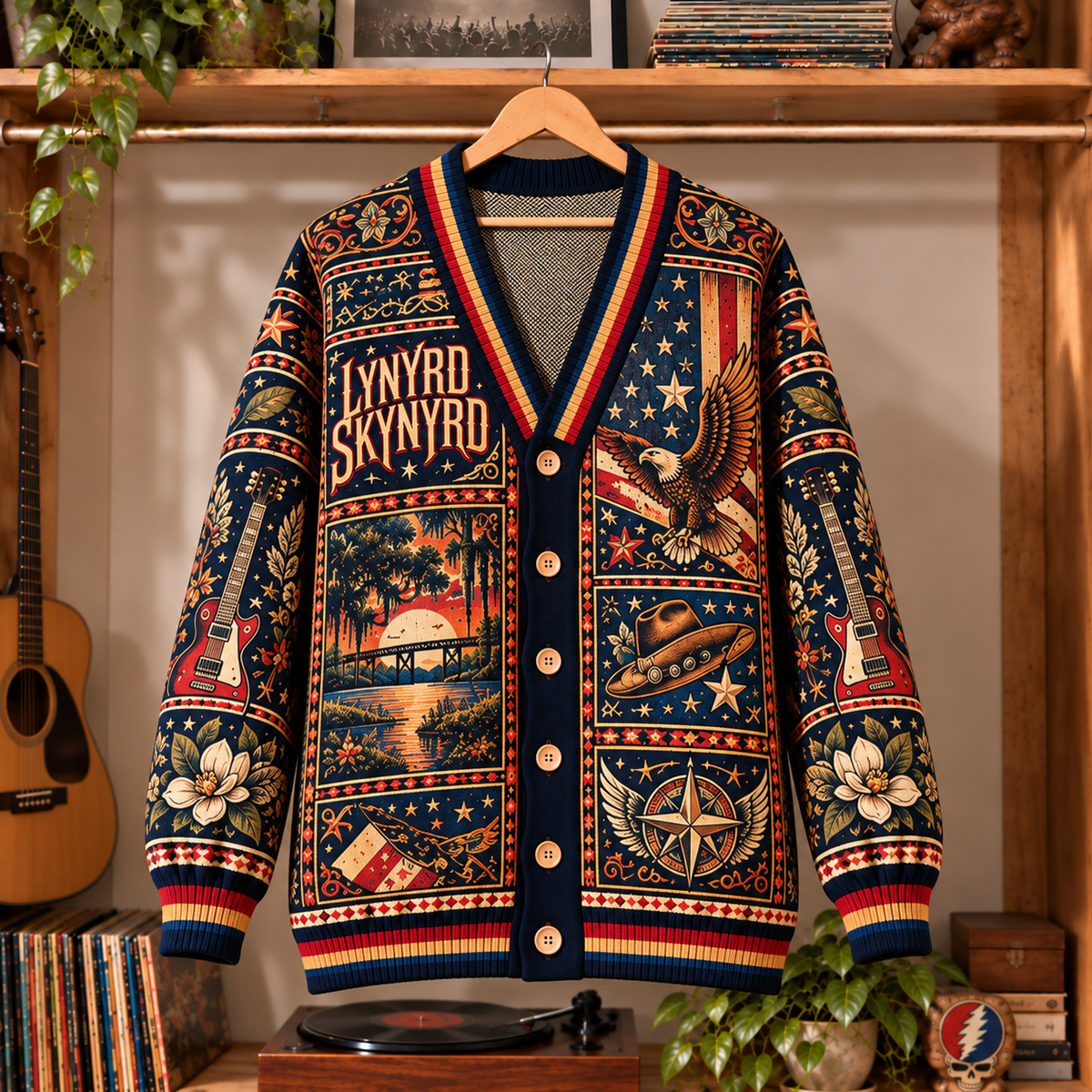 Lynyrd Skynyrd Retro Rock Knit Cardigan - Vintage Style Classic Rock Button Down Sweater, Unique Sweet Home Alabama Merchandise Fan Outfit