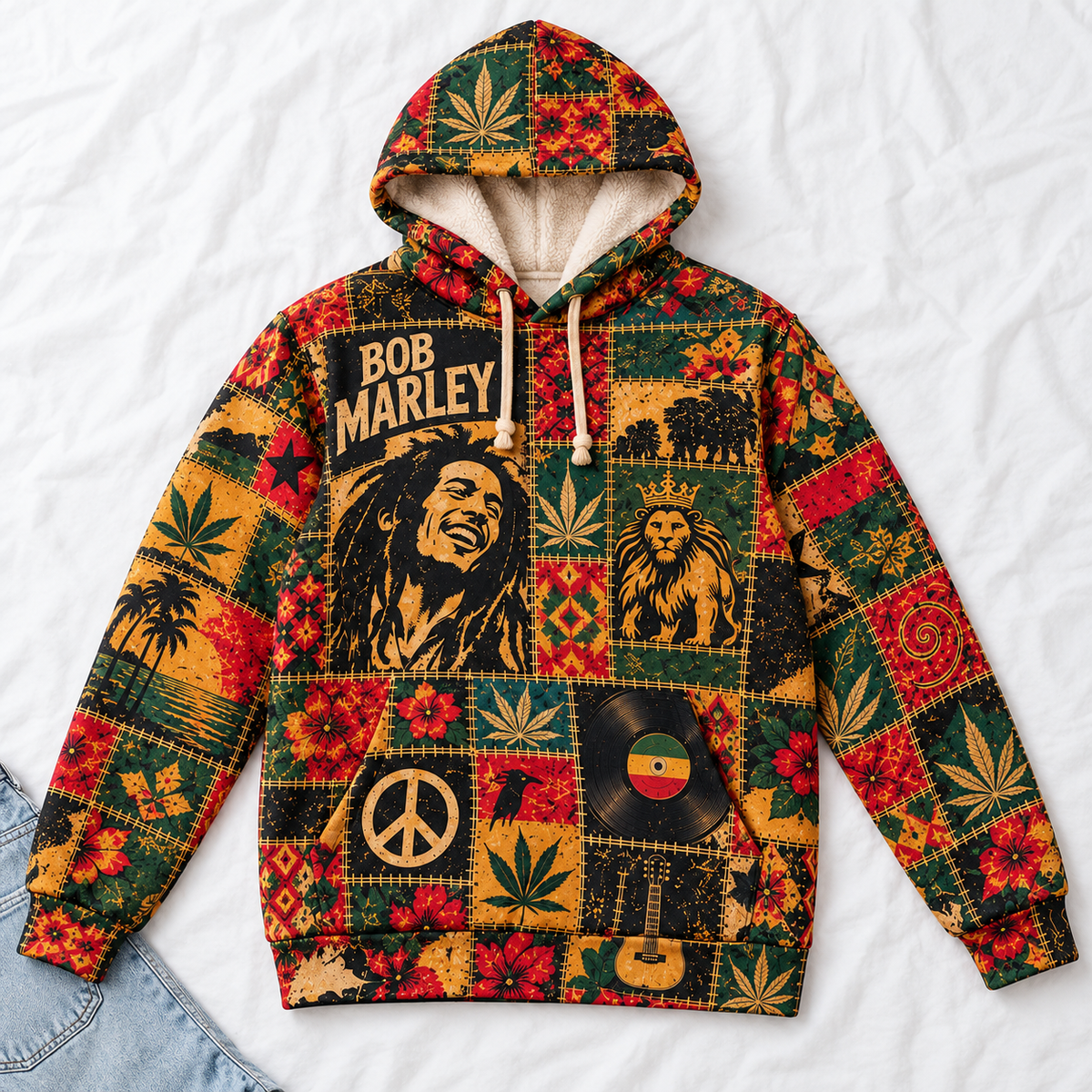 Bob Marley Patchwork Sherpa Hoodie – Vintage Reggae Pullover, Rasta Floral Graphic Hoodie, Soft Fleece, Bob Marley Fan Gift