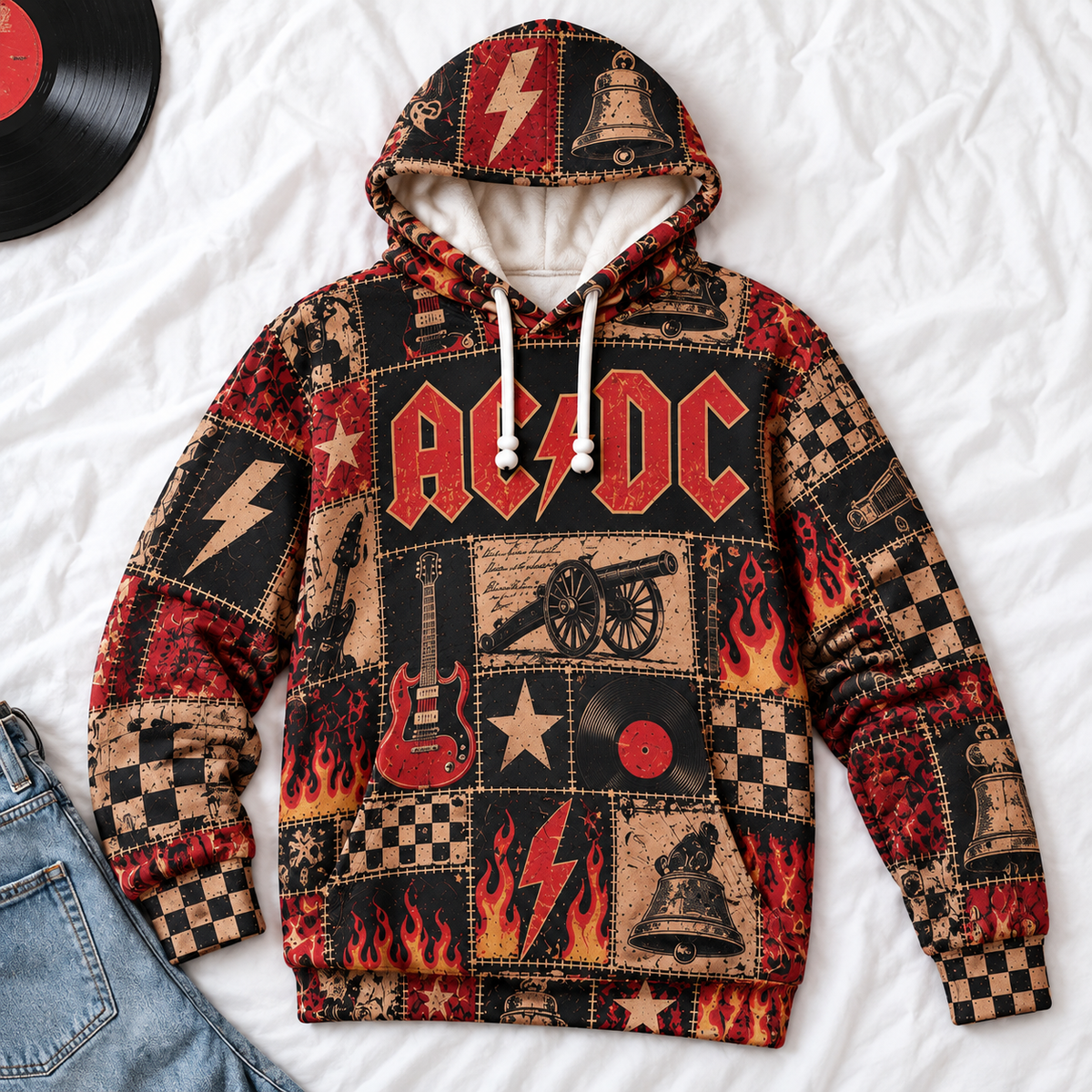 AC/DC Patchwork Hoodie – Vintage Hard Rock Band Graphic Pullover, Highway to Hell & Hells Bells Inspired Hoodie, Retro AC/DC Fan Gift