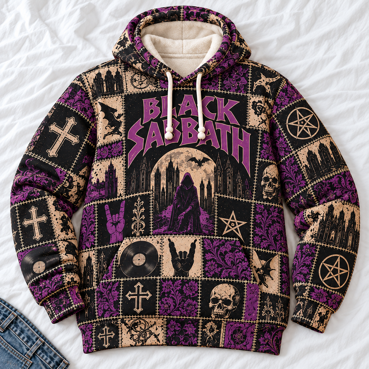 Black Sabbath Patchwork Hoodie – Vintage Heavy Metal Band Graphic Pullover, Purple Gothic Rock Hoodie, Classic Metal Fan Gift