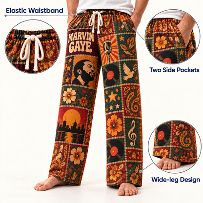 Marvin Gaye Pajama Pants - Vintage Patchwork Soul Music Portrait & Vinyl Art Lounge Pants with Elastic Waistband, Adjustable Drawstring