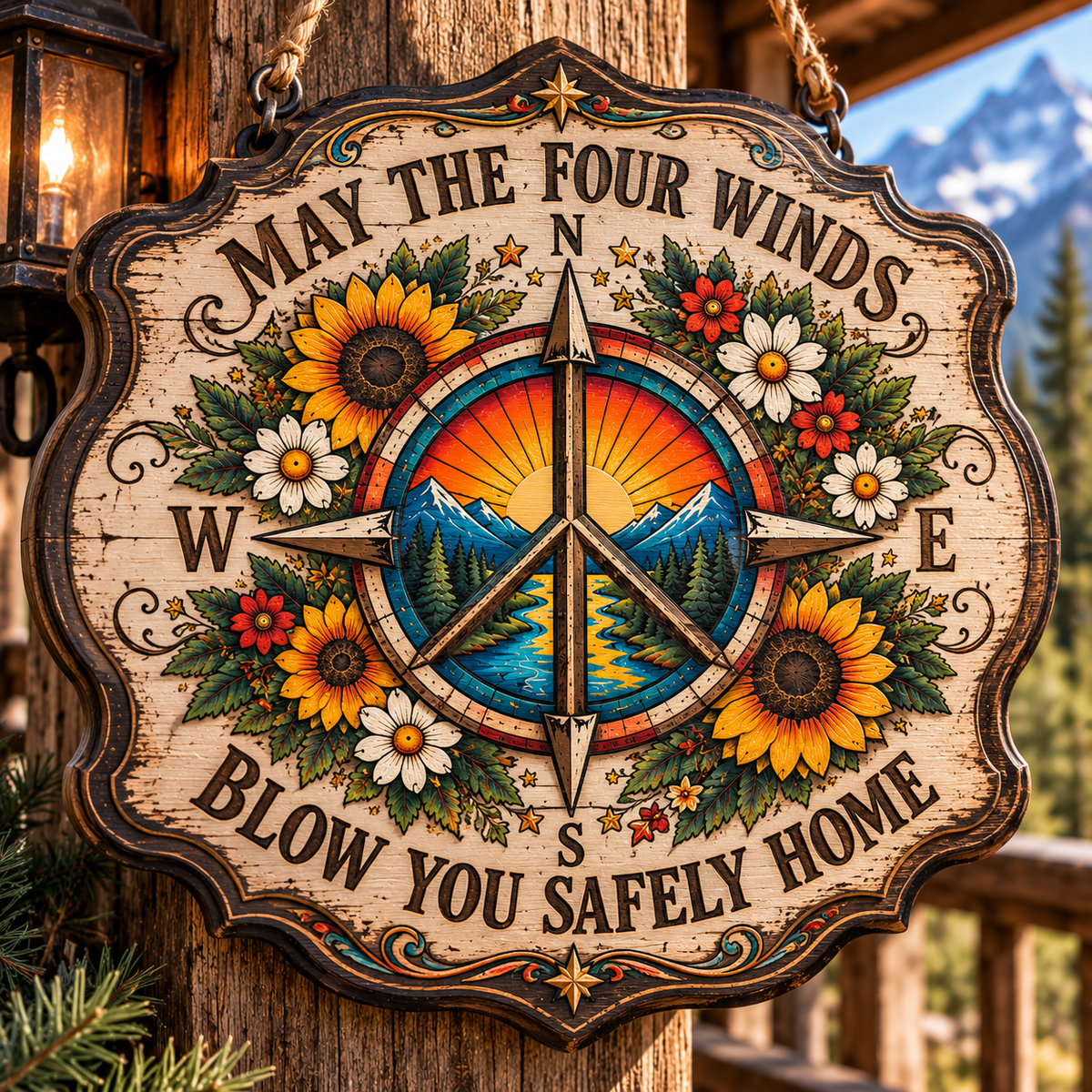 May the Four Winds Blow You Safely Home Wood Sign, Peace Compass Wall Decor, Sunflower Boho Sign, Grateful Dead Inspired Gift