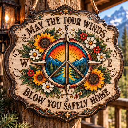 May the Four Winds Blow You Safely Home Wood Sign, Peace Compass Wall Decor, Sunflower Boho Sign, Grateful Dead Inspired Gift