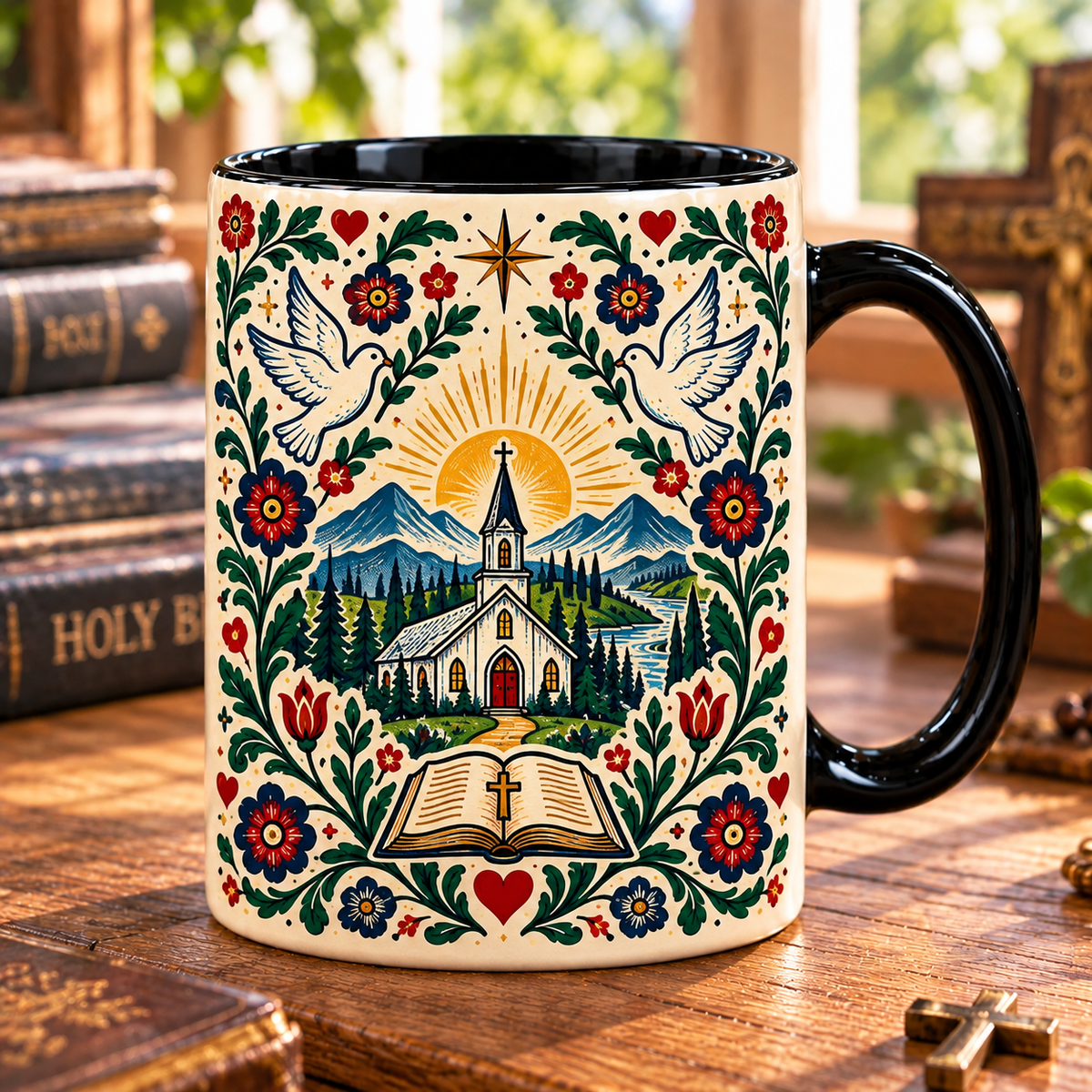 Jesus Nordic Folk Art Mug – Christian Faith Hope Love Coffee Cup, Scandinavian Cross & Dove Religious Gift for Christian Women