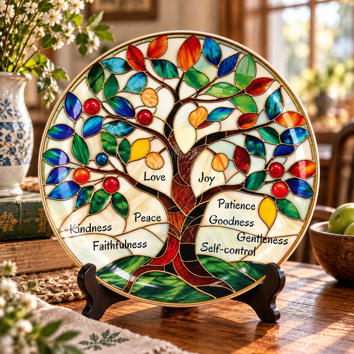 Tree of Peace Decorative Plate – Stained Glass Christian Tree Art, Faith Love Joy Peace Religious Home Decor Gift