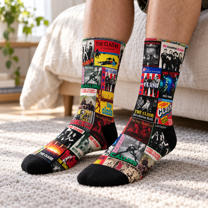 The Clash London Calling Classic Punk Rock Middle Tube Socks - Retro Patchwork Album Covers & Combat Rock Poster Printed Crew Socks