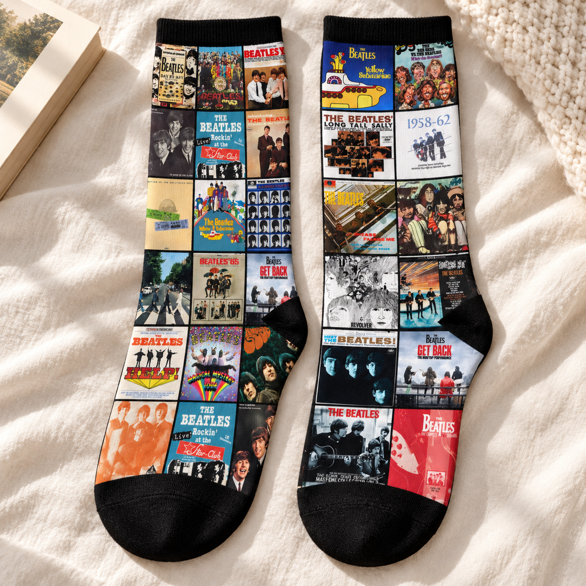 The Beatles Abbey Road & Help! Classic Rock Middle Tube Socks - Retro Patchwork Album Covers & John, Paul, George, Ringo Art Printed Crew Socks