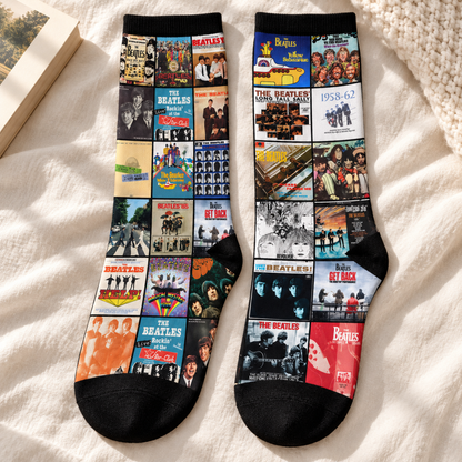 The Beatles Abbey Road & Help! Classic Rock Middle Tube Socks - Retro Patchwork Album Covers & John, Paul, George, Ringo Art Printed Crew Socks