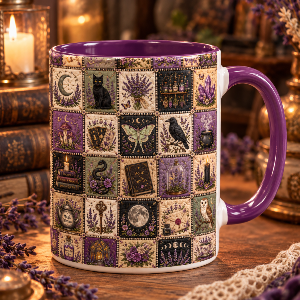 Witchy Patchwork Mug – Purple Lavender Magic Coffee Cup, Black Cat Tarot Crystal Moon Mug, Mystical Gift for Witch Lovers