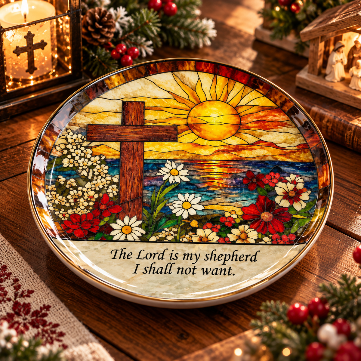 Psalm 23 Christian Decorative Plate – The Lord Is My Shepherd Stained Glass Cross Art, Religious Faith Gift & Christmas Home Decor