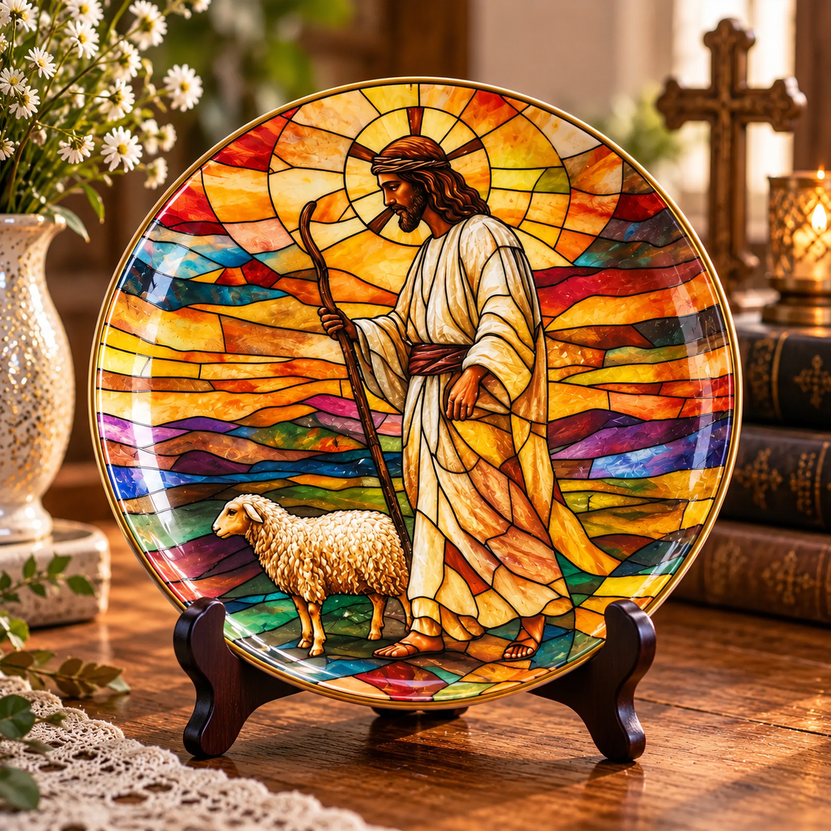 Jesus Good Shepherd Decorative Plate – Stained Glass Christian Art with Lamb, Religious Faith Home Decor & Christmas Gift