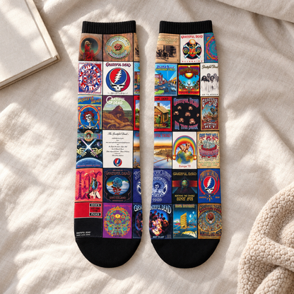 Grateful Dead Classic Psychedelic Rock Middle Tube Socks - Vintage Steal Your Face & Dancing Bear Art Printed Crew Socks