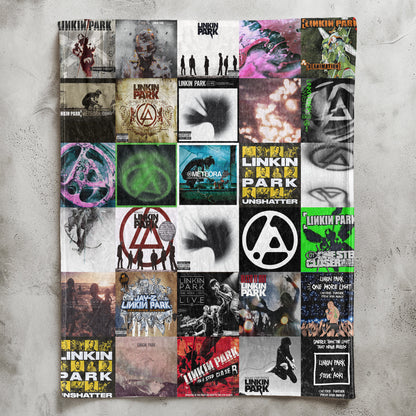Linkin Park Album Covers Sherpa Blanket - Retro Chester Bennington & Mike Shinoda Discography Artwork Collage Quilt - Perfect Holiday Gift for Rock Fans