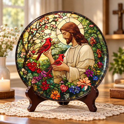 Jesus Stained Glass Decorative Plate – Christian Cardinal & Floral Faith Art, Religious Christmas Gift for Christian Home Decor