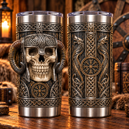 3D Printed Viking Skull Warrior & Vegvisir Symbol Tumbler - Dark Fantasy Norse Mythology Stainless Steel Drinkware