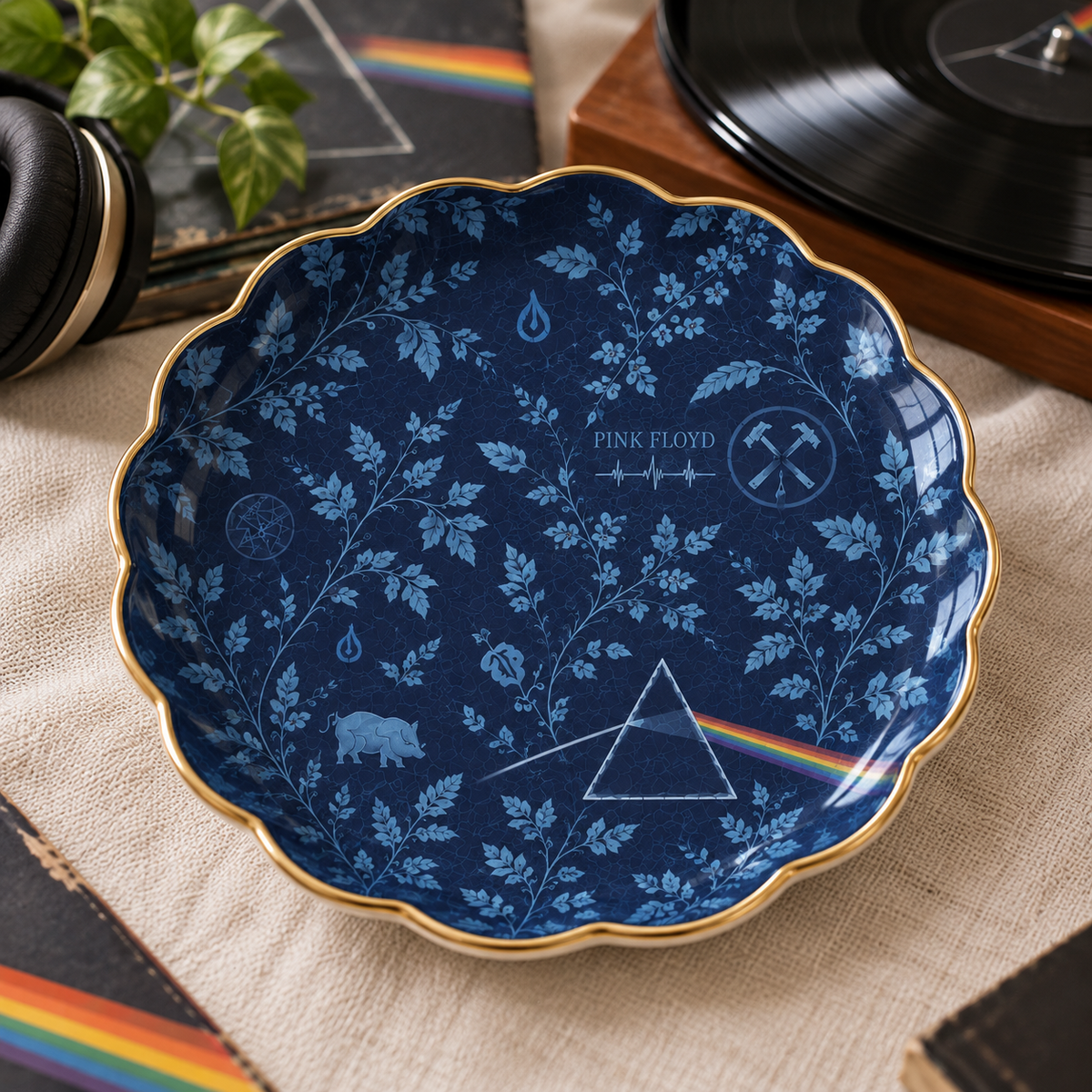 Pink Floyd Toile de Jouy Jewelry Dish - Ceramic Trinket Tray, Blue Floral Dark Side of the Moon Ring Holder, Rock Fan Gift