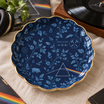 Pink Floyd Toile de Jouy Jewelry Dish - Ceramic Trinket Tray, Blue Floral Dark Side of the Moon Ring Holder, Rock Fan Gift