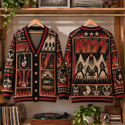 KISS Retro Rock Knit Cardigan - Vintage Style Glam Metal Button Down Sweater, Unique KISS Army Heavy Metal Merchandise Fan Outfit