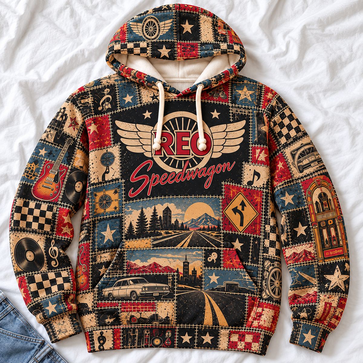 REO Speedwagon Patchwork Hoodie – Vintage Classic Rock Graphic Pullover, Retro 70s 80s Rock Band Sweatshirt, Keep On Loving You Inspired Hoodie