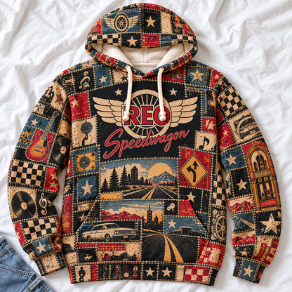 REO Speedwagon Patchwork Hoodie – Vintage Classic Rock Graphic Pullover, Retro 70s 80s Rock Band Sweatshirt, Keep On Loving You Inspired Hoodie