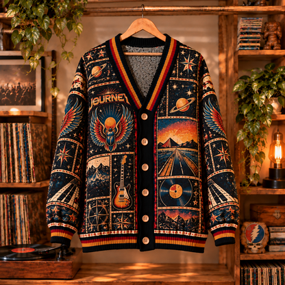 Journey Band Retro Graphic Cardigan - Vintage Rock Knit Outerwear, Classic Rock Band Fan Apparel & Fashion Style Gift