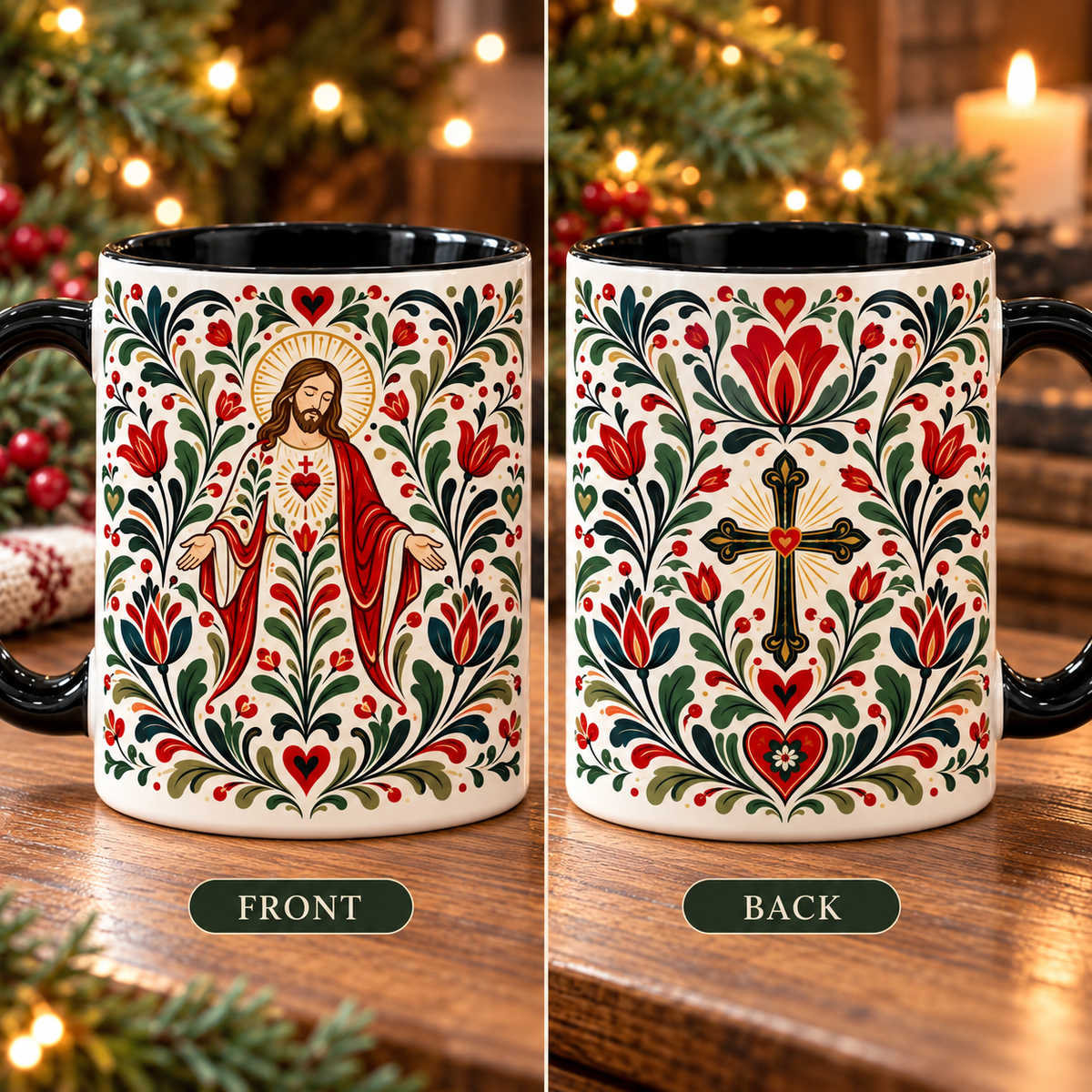 Folk Art Jesus Ceramic Coffee Mug | Sacred Heart & Cross Christian Cup, Christian Faith Gift Cup