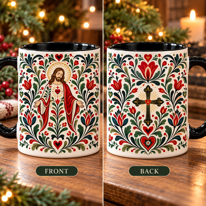Folk Art Jesus Ceramic Coffee Mug | Sacred Heart & Cross Christian Cup, Christian Faith Gift Cup