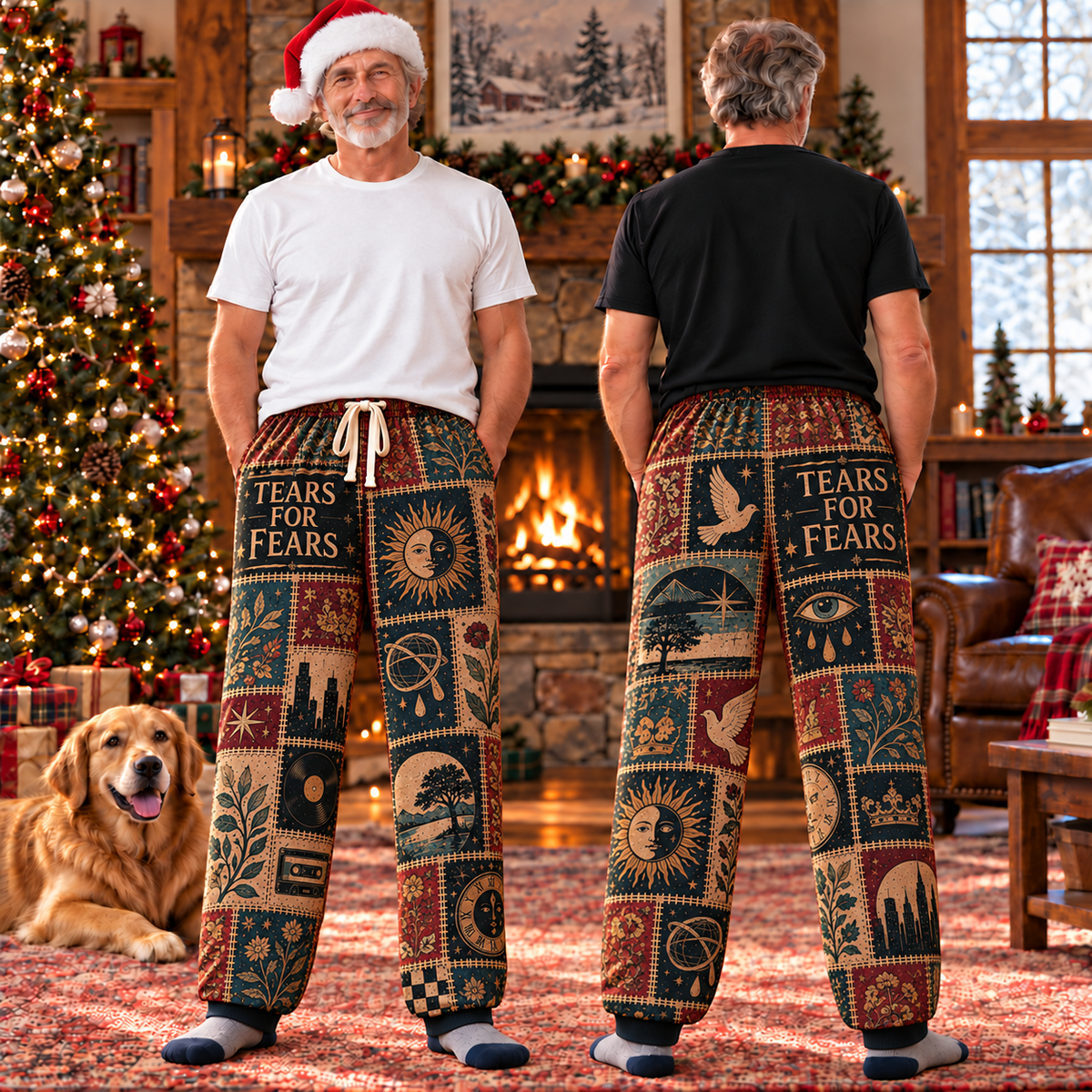 Tears for Fears Classic Pajama Pants - Retro Patchwork Clock Face, Cassette Tape & Vinyl Record Art Sleepwear - Comfortable Pajama Pants for Music Fans