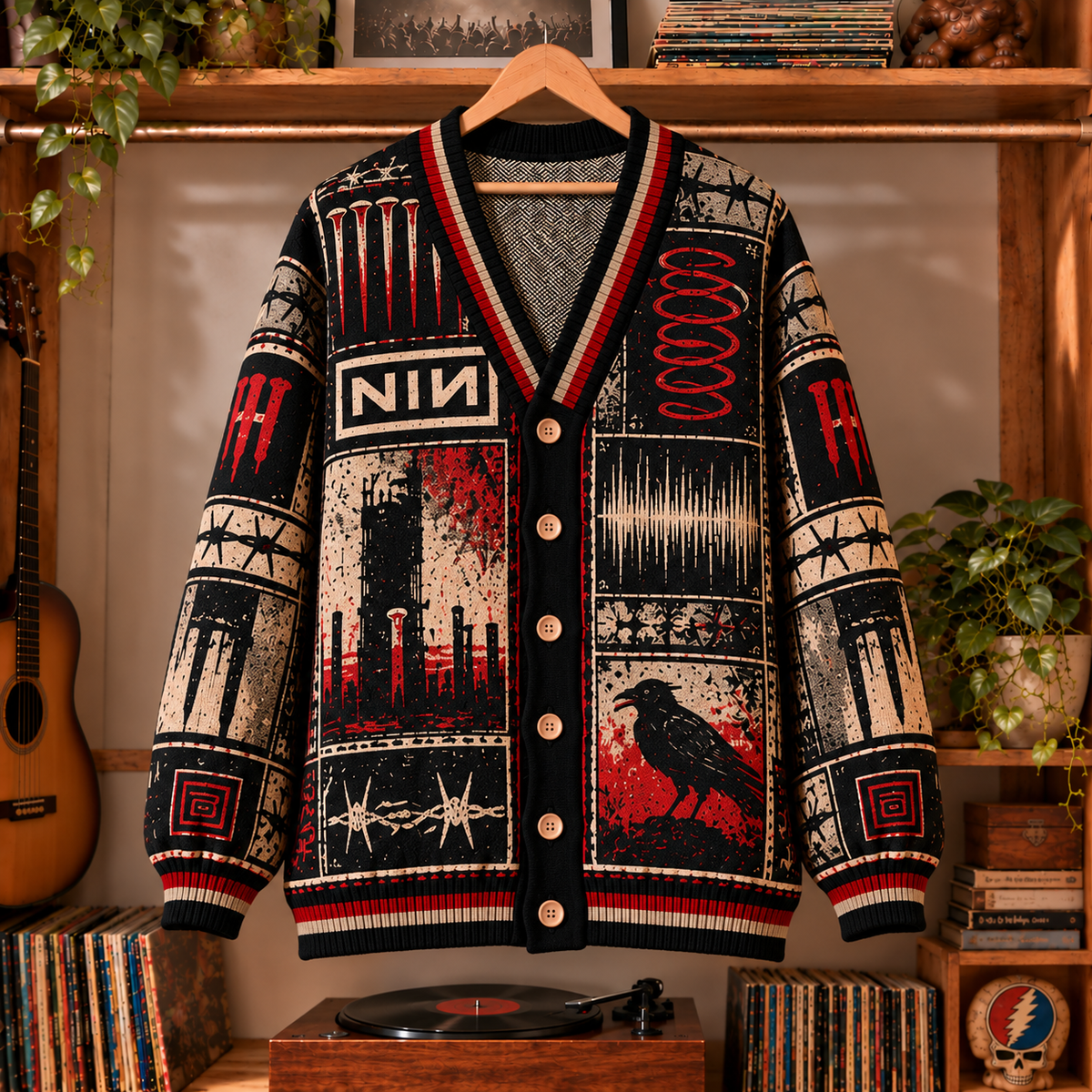 Nine Inch Nails Retro Graphic Cardigan - Vintage Rock Band Knit Outerwear, Alternative Music Fan Apparel & Fashion Style Gift