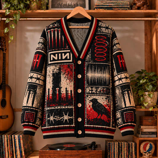 Nine Inch Nails Retro Graphic Cardigan - Vintage Rock Band Knit Outerwear, Alternative Music Fan Apparel & Fashion Style Gift