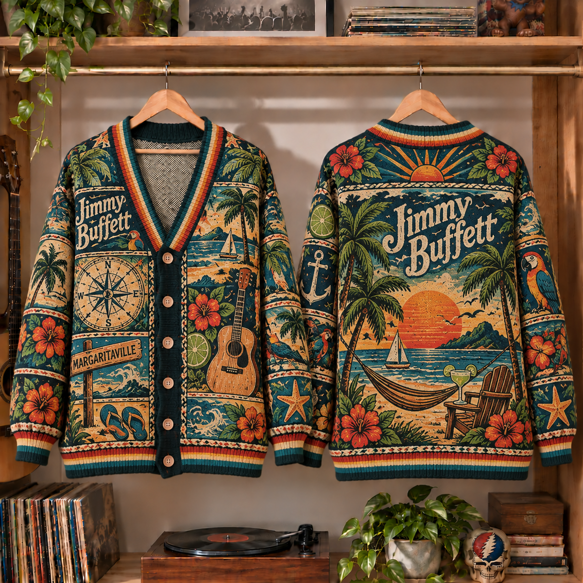 Jimmy Buffett Retro Rock Knit Cardigan - Vintage Style Country Tropical Button Down Sweater, Unique Parrothead Margaritaville Merchandise Fan Outfit