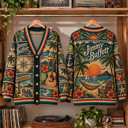Jimmy Buffett Retro Rock Knit Cardigan - Vintage Style Country Tropical Button Down Sweater, Unique Parrothead Margaritaville Merchandise Fan Outfit