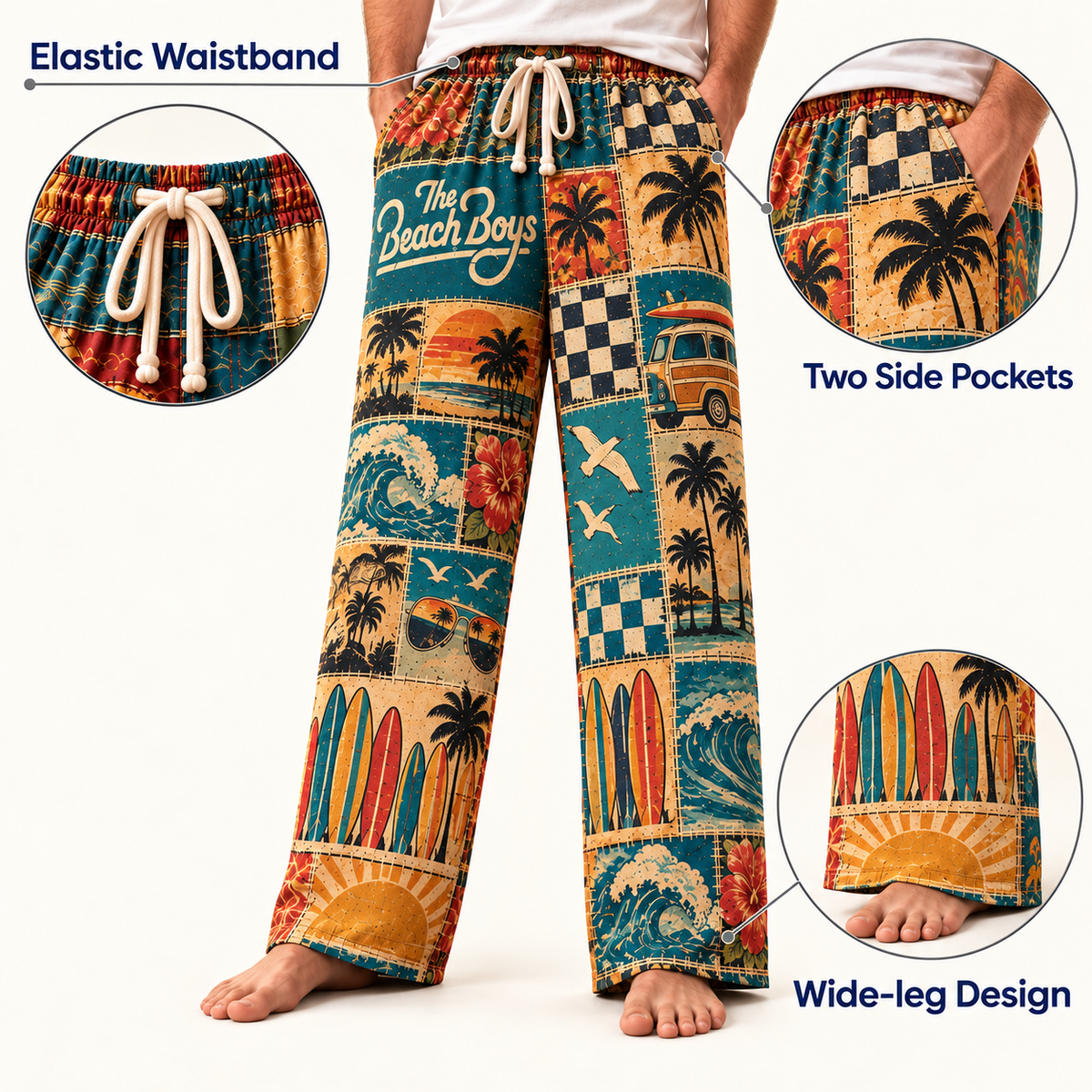 The Beach Boys Patchwork Pajama Pants - Vintage Surf Rock Art & California Sun Lounge Pants with Elastic Waistband, Adjustable Drawstring & Two Side Pockets
