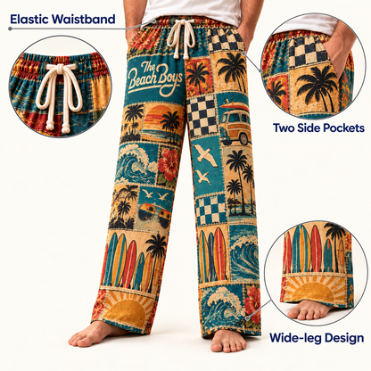 The Beach Boys Patchwork Pajama Pants - Vintage Surf Rock Art & California Sun Lounge Pants with Elastic Waistband, Adjustable Drawstring & Two Side Pockets
