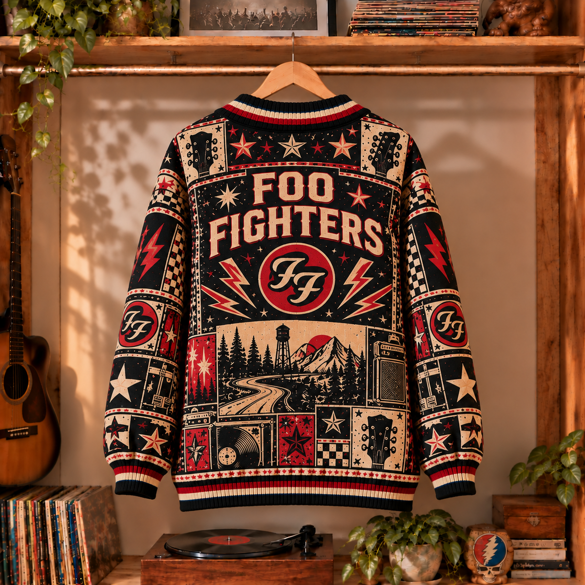 Foo Fighters Retro Graphic Cardigan - Vintage Rock Band Knit Outerwear, Alternative Music Fan Apparel & Fashion Style Gift
