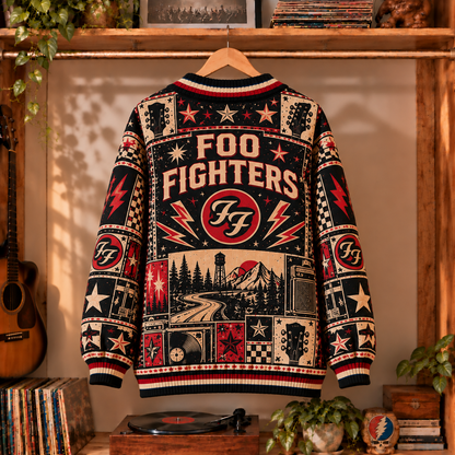 Foo Fighters Retro Graphic Cardigan - Vintage Rock Band Knit Outerwear, Alternative Music Fan Apparel & Fashion Style Gift