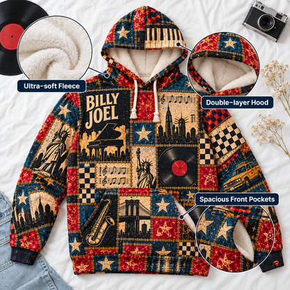 Billy Joel Patchwork Sherpa Hoodie – Piano Man Vintage Music Pullover, New York City Graphic Hoodie, Classic Rock Fan Gift