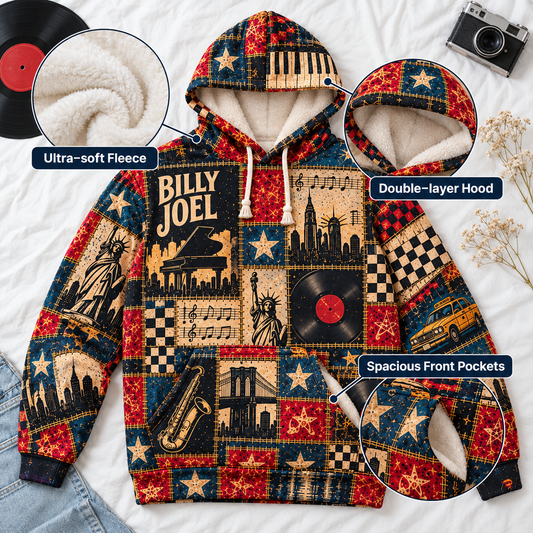 Billy Joel Patchwork Sherpa Hoodie – Piano Man Vintage Music Pullover, New York City Graphic Hoodie, Classic Rock Fan Gift