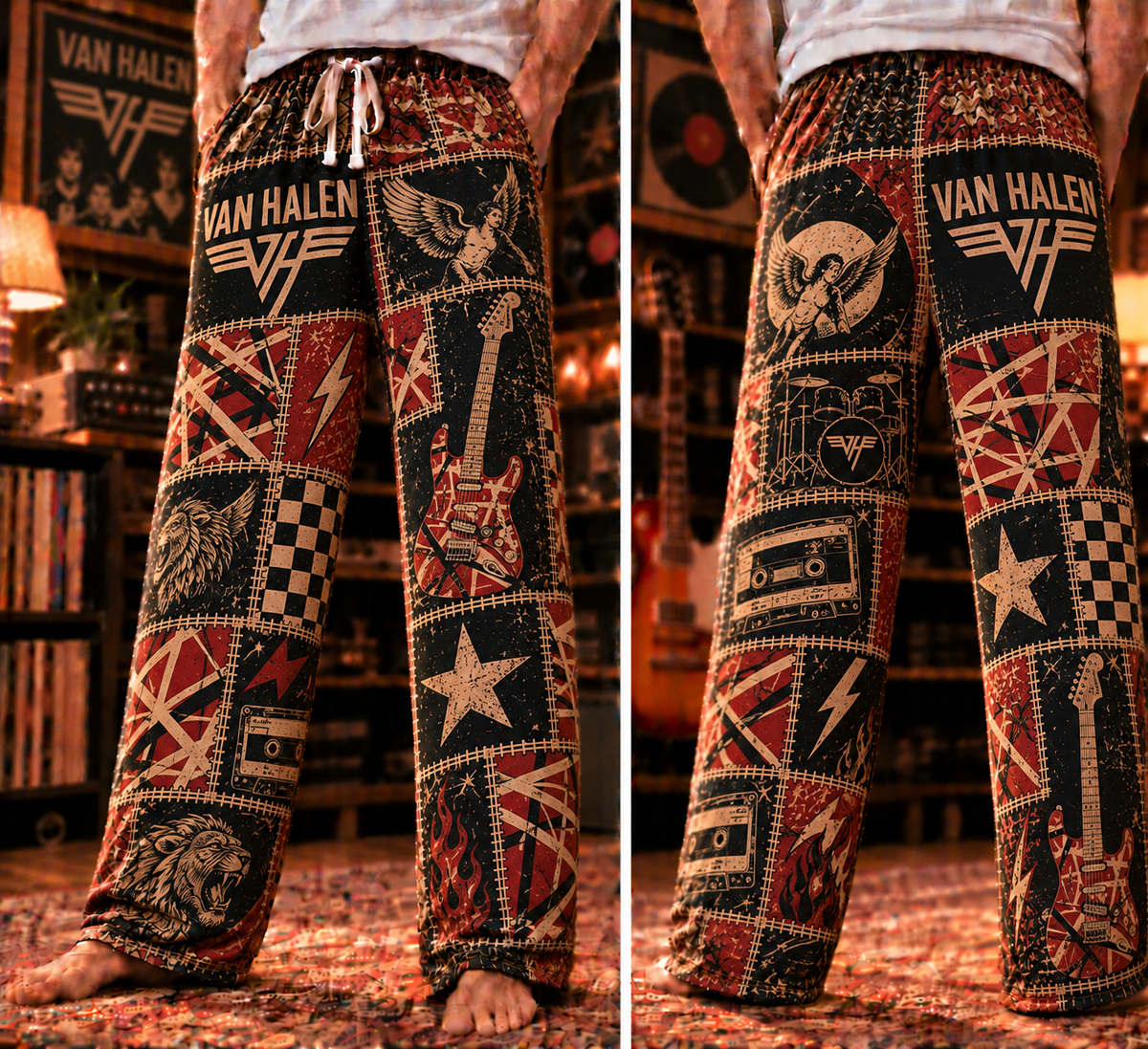 Van Halen Patchwork Pajama Pants - Vintage Hard Rock Art & Frankencaster Stripes Lounge Pants with Elastic Waistband, Adjustable Drawstring & Two Side Pockets