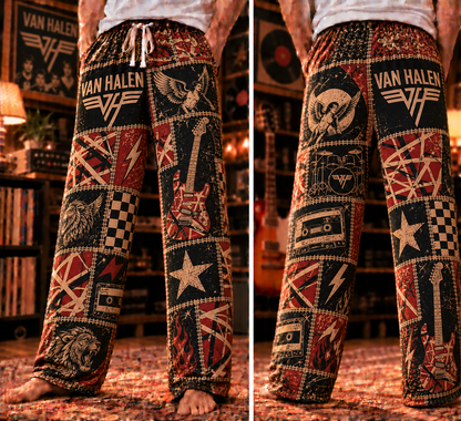 Van Halen Patchwork Pajama Pants - Vintage Hard Rock Art & Frankencaster Stripes Lounge Pants with Elastic Waistband, Adjustable Drawstring & Two Side Pockets