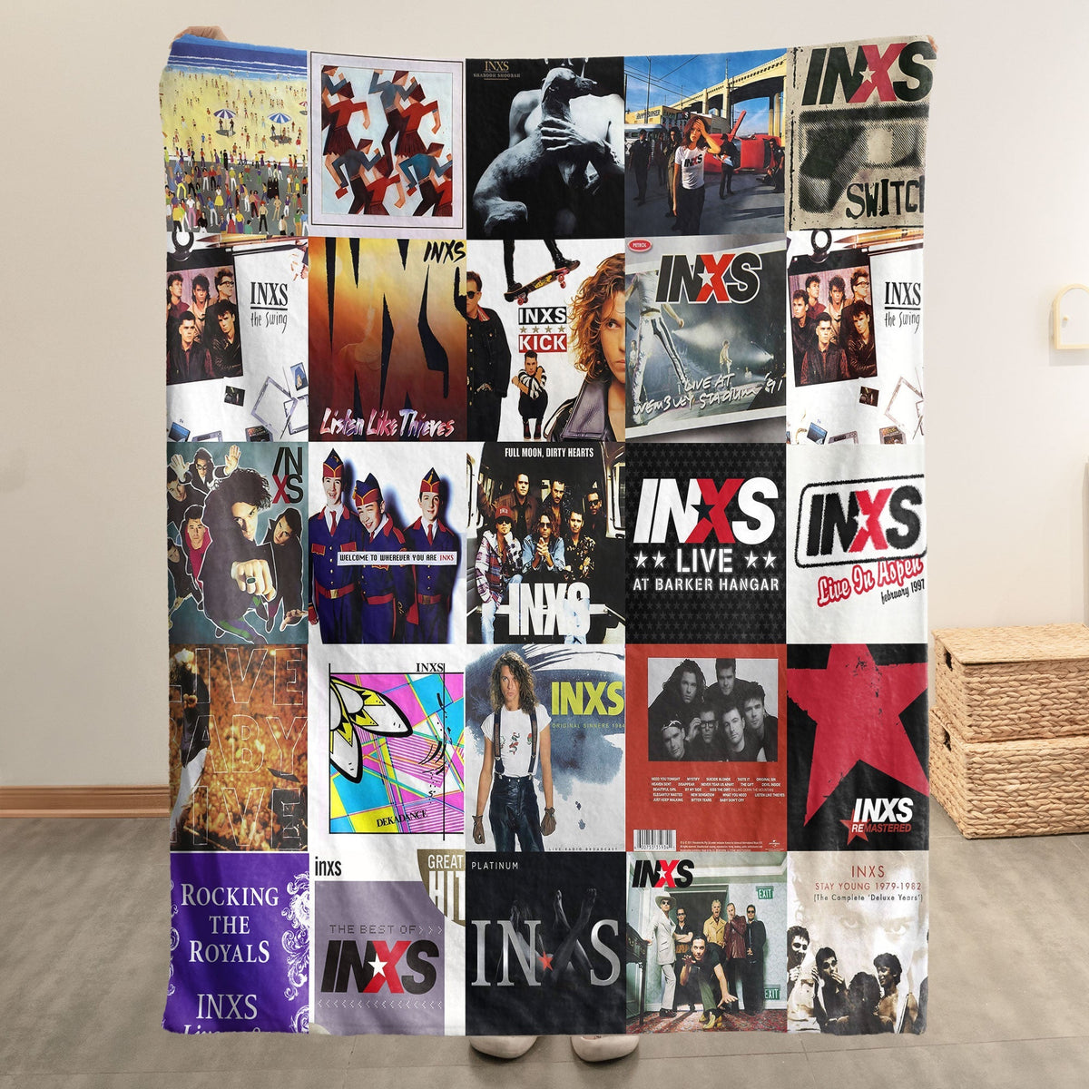 INXS Album Covers Collage Sherpa Blanket – 80s 90s Rock Band Home Decor & Michael Hutchence Fan Gift