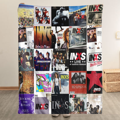 INXS Album Covers Collage Sherpa Blanket – 80s 90s Rock Band Home Decor & Michael Hutchence Fan Gift