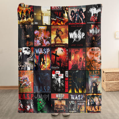 W.A.S.P. Album Covers Collage Sherpa Blanket – Shock Rock Home Decor & Blackie Lawless Fan Gift
