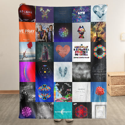 Coldplay Album Covers Sherpa Blanket - Retro Chris Martin Discography Artwork Collage Fleece Quilt - Perfect Holiday Gift for Alternative Rock Fans