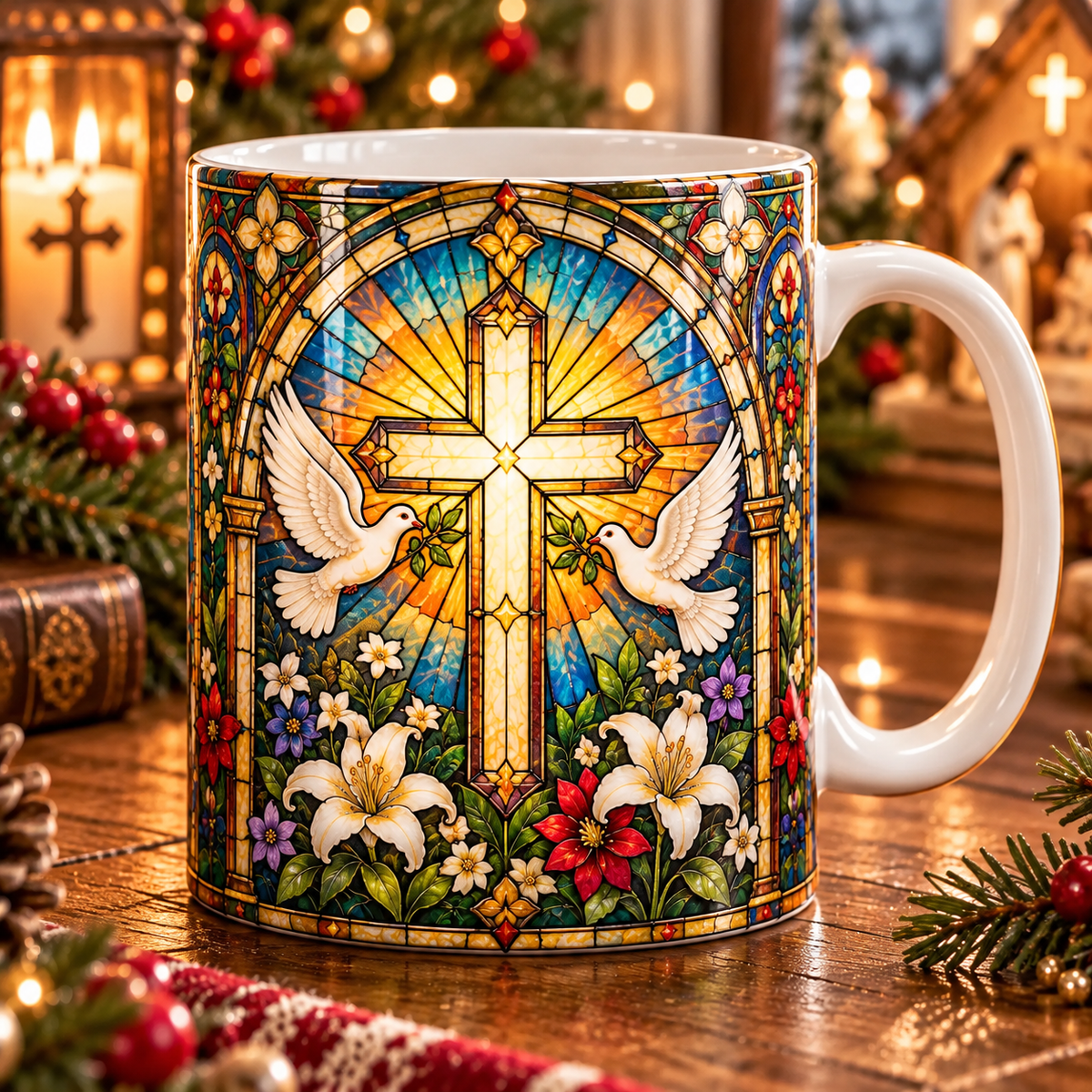 Christian Jesus Stained Glass Mug – Faith Inspired Sunrise & Floral Coffee Cup, Religious Gift for Women, Christian Home Decor