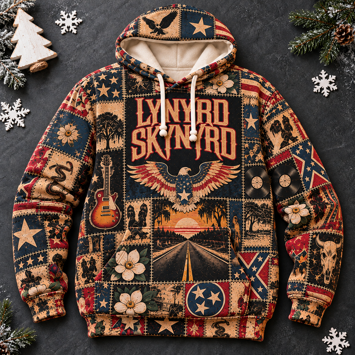 Lynyrd Skynyrd Patchwork Hoodie – Vintage Southern Rock Band Graphic Pullover, American Eagle & Free Bird Design, Retro Classic Rock Fan Gift, Unisex Sweatshirt