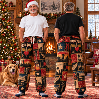 Bon Jovi Pajama Pants - Patchwork Classic Rock Art Sleepwear | Comfortable Music Fan Lounge Pants