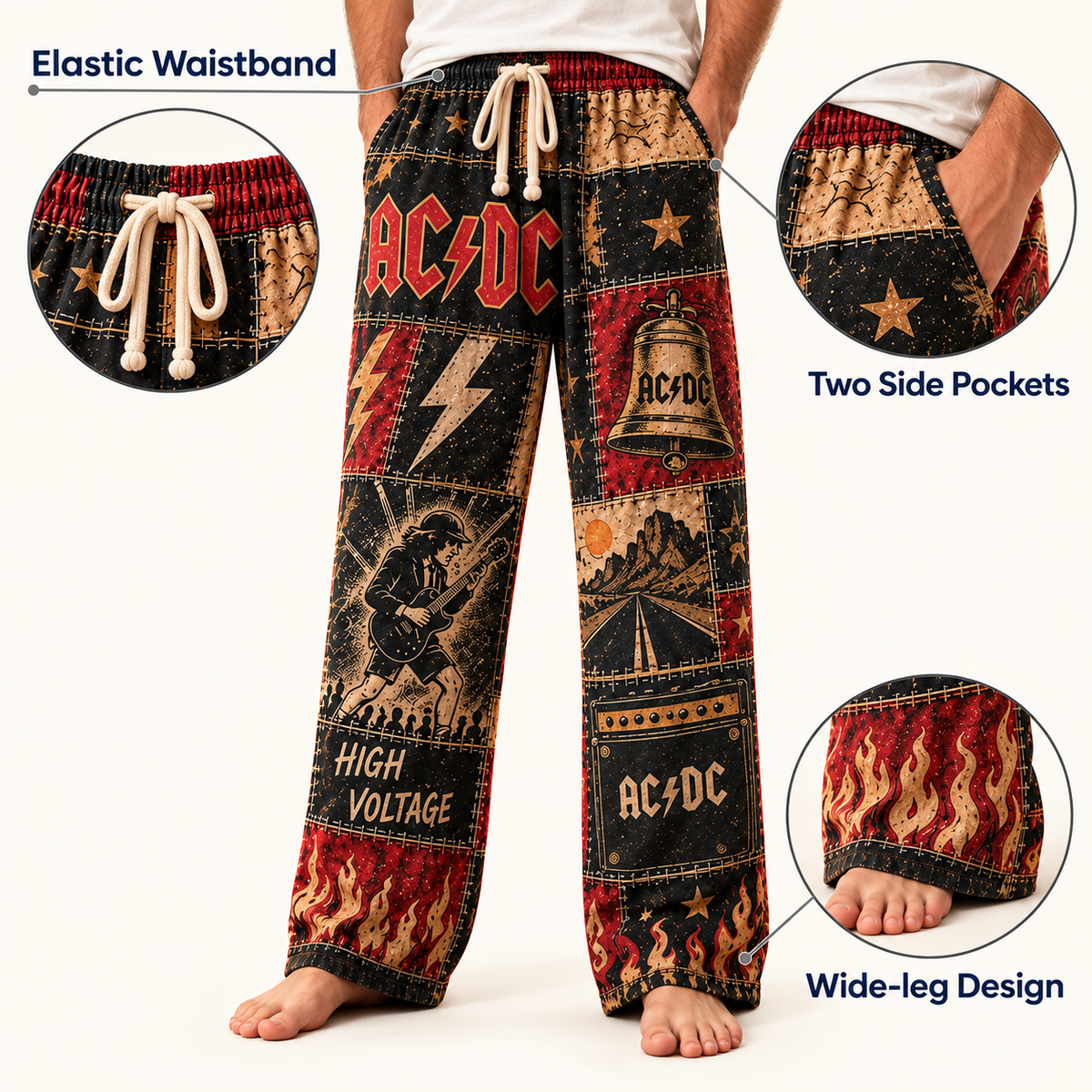 AC/DC Rock Band Pajama Pants - Christmas Holiday Lounge Pants, Hard Rock Fan Sleepwear & Xmas Gift for Men