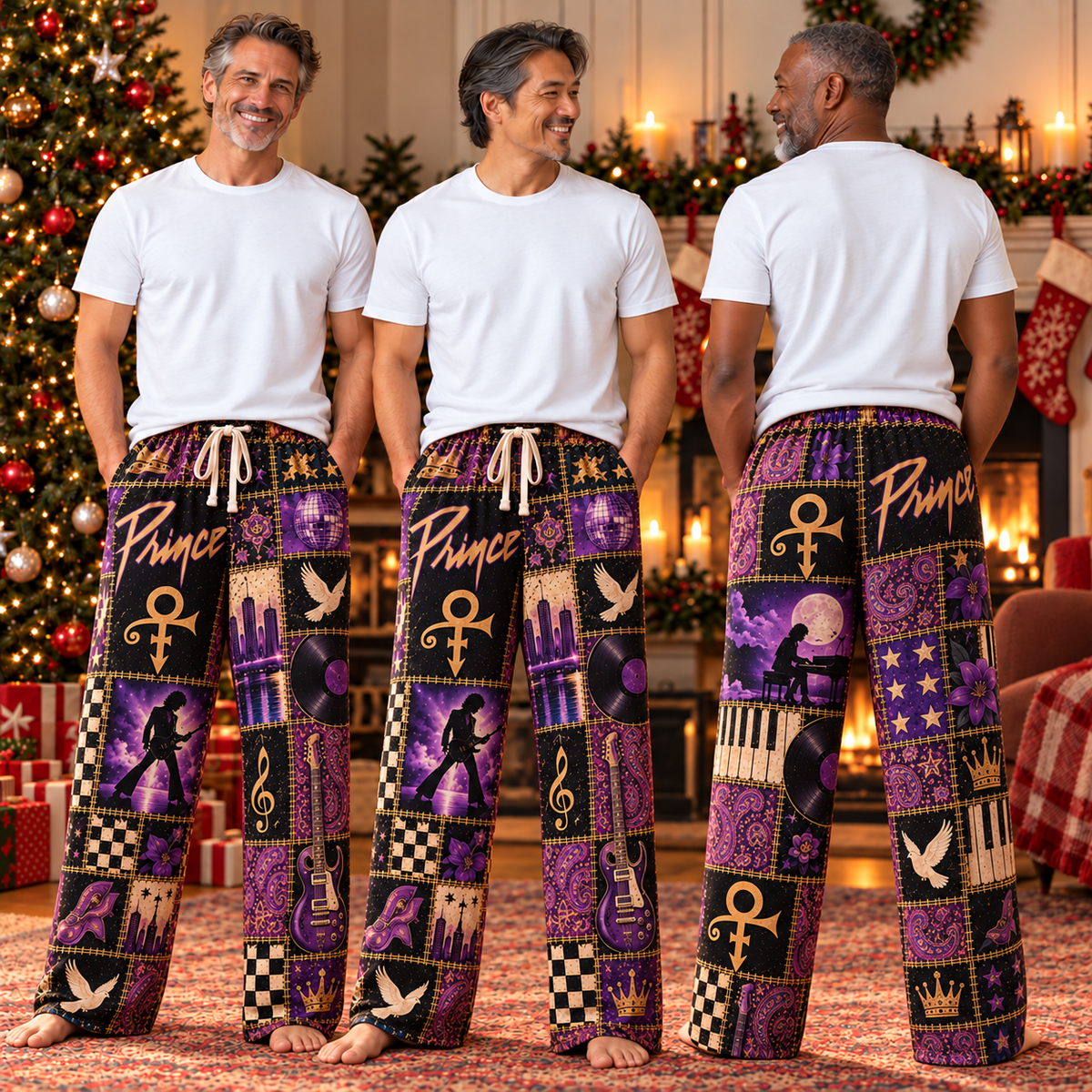 Prince Classic Funk Pop Pajama Pants - Retro Patchwork Cloud Guitar, White Dove & Disco Ball Sleepwear - Comfortable  Pajama for Music Fans & Collectors Gift